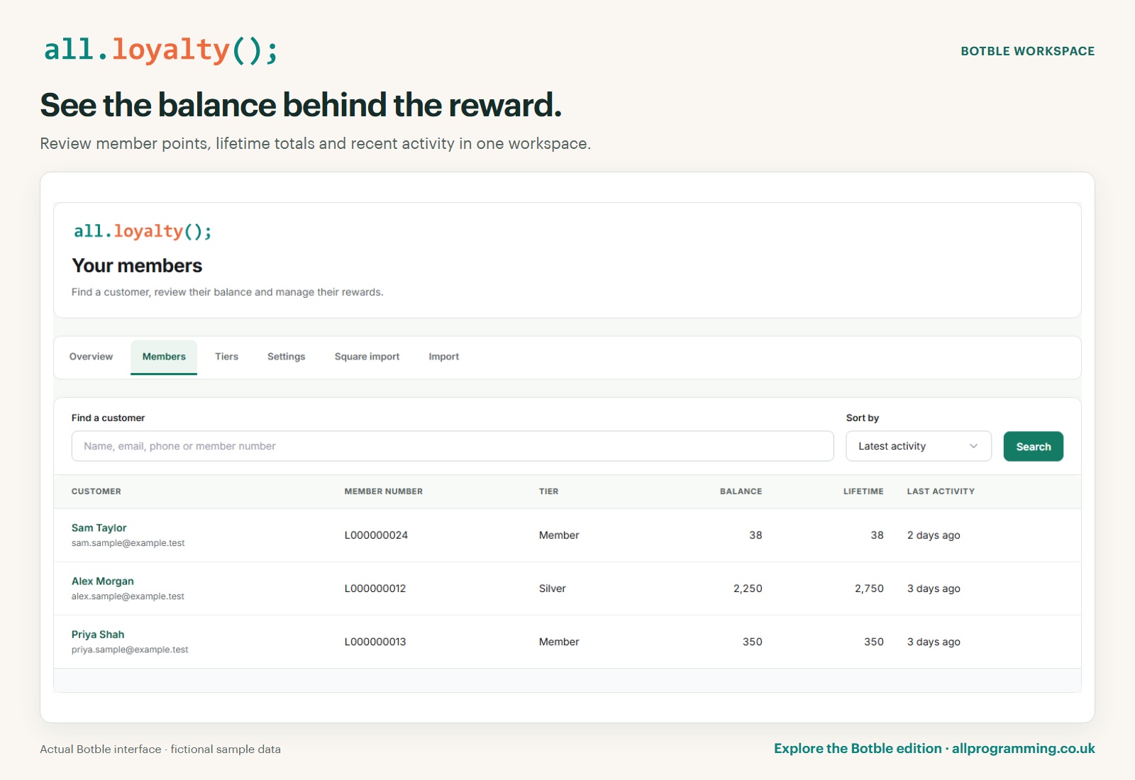 All Loyalty in Botble: member balances, using fictional sample data.