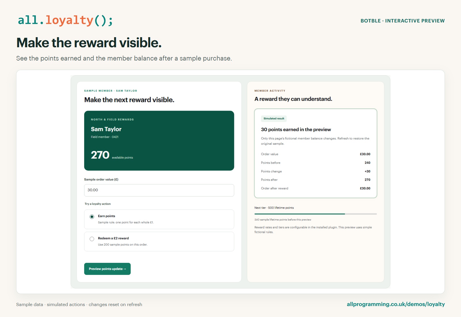 All Loyalty interactive preview: earned points preview, with fictional sample data and simulated actions.