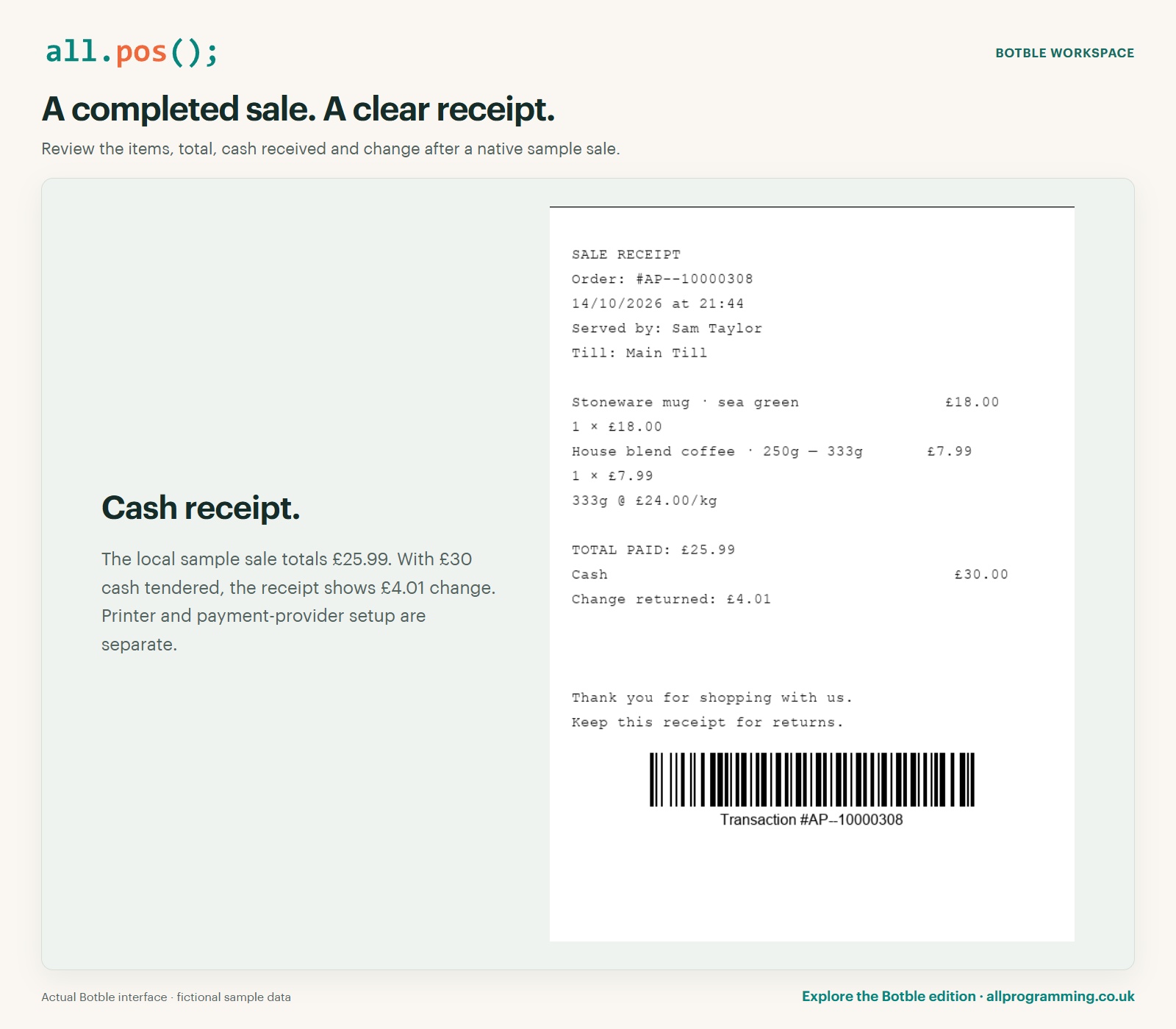 All POS in Botble: cash receipt, using fictional sample data.