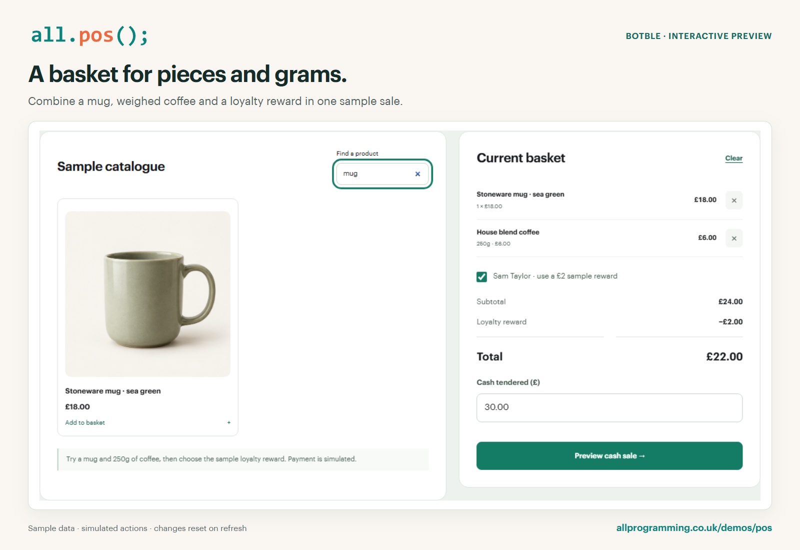 All POS interactive preview: rewards in the basket, with fictional sample data and simulated actions.