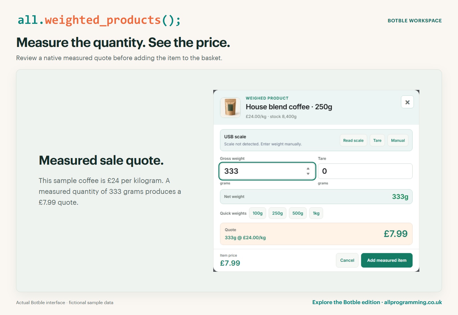 All Weighted Products in Botble: measured sale quote, using fictional sample data.